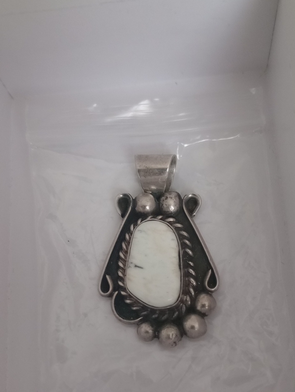 Vintage Handcrafted STERLING SILVER White Turquoise Pendant -Signed
